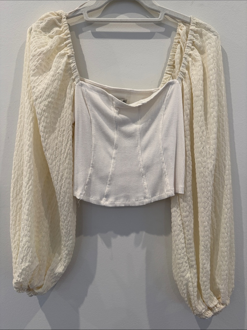 Urban Outfitters Cream Puff-Sleeve Ribbed Corset Crop Top